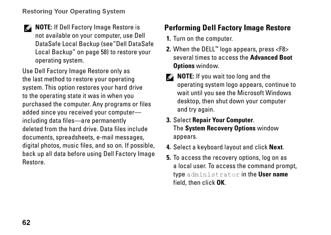 Dell 1464, YXKVH, P09G001, P09G series setup guide Performing Dell Factory Image Restore 