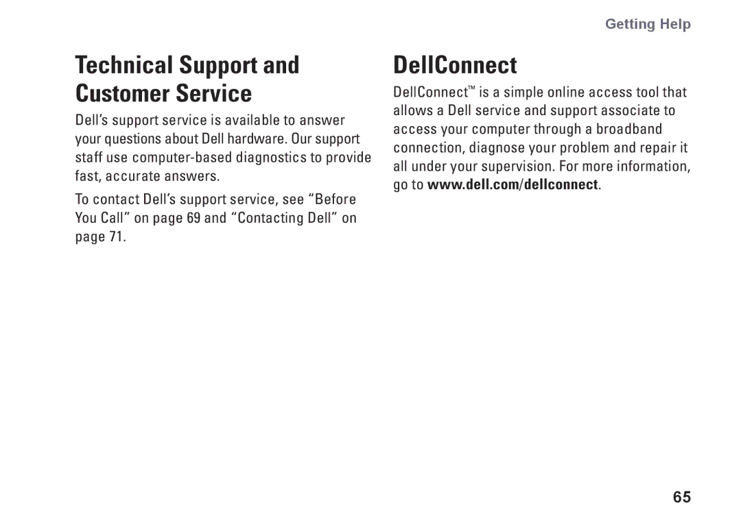 Dell P09G series, 1464, YXKVH, P09G001 setup guide Technical Support Customer Service, DellConnect 