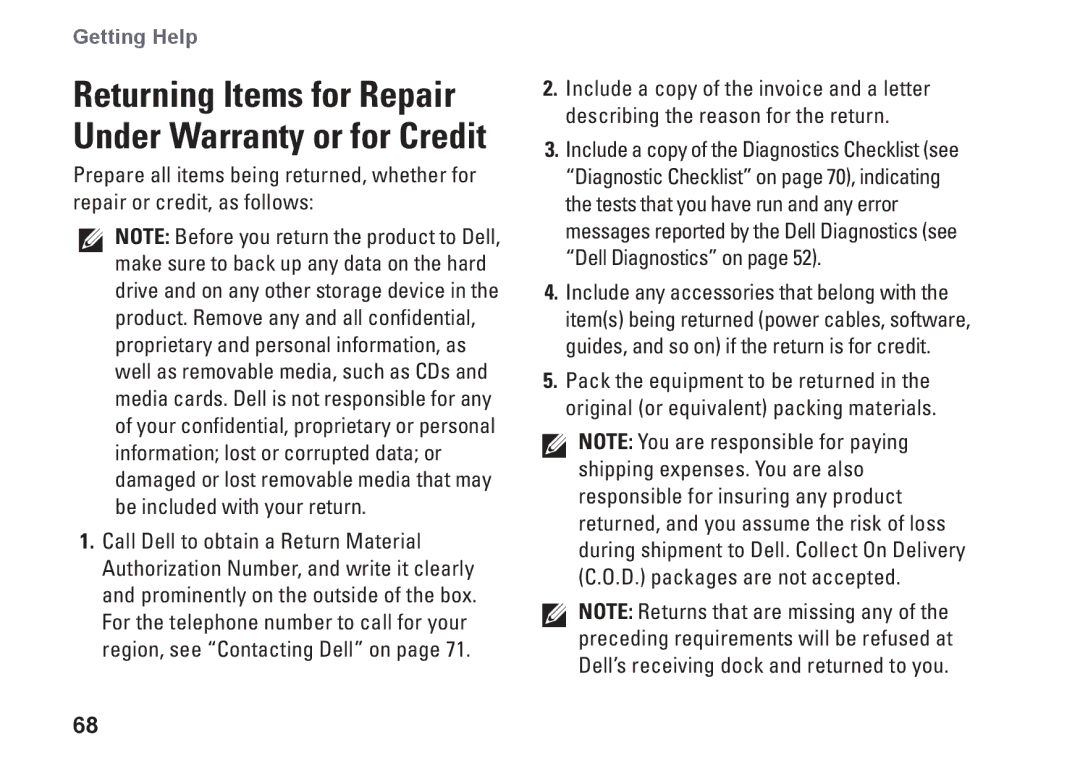 Dell P09G001, 1464, YXKVH, P09G series setup guide Returning Items for Repair Under Warranty or for Credit 