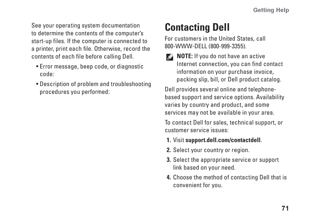 Dell YXKVH, 1464, P09G001, P09G series setup guide Contacting Dell, For customers in the United States, call 800-WWW-DELL 