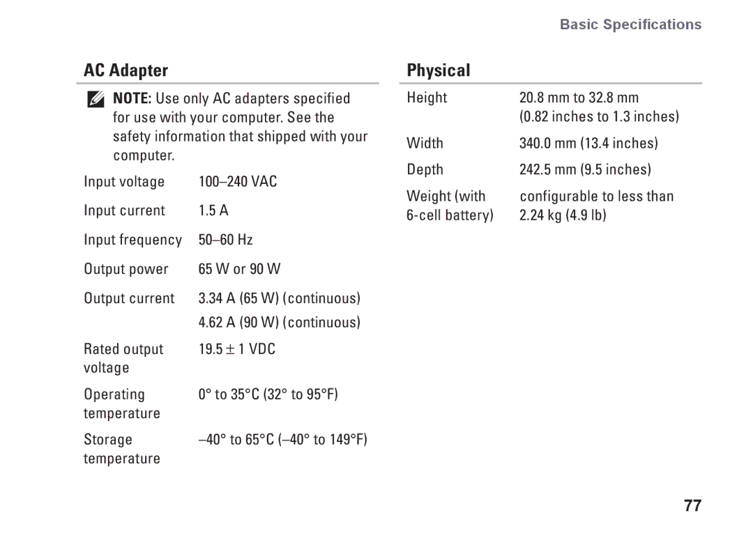 Dell P09G series, 1464, YXKVH, P09G001 setup guide AC Adapter, Physical 