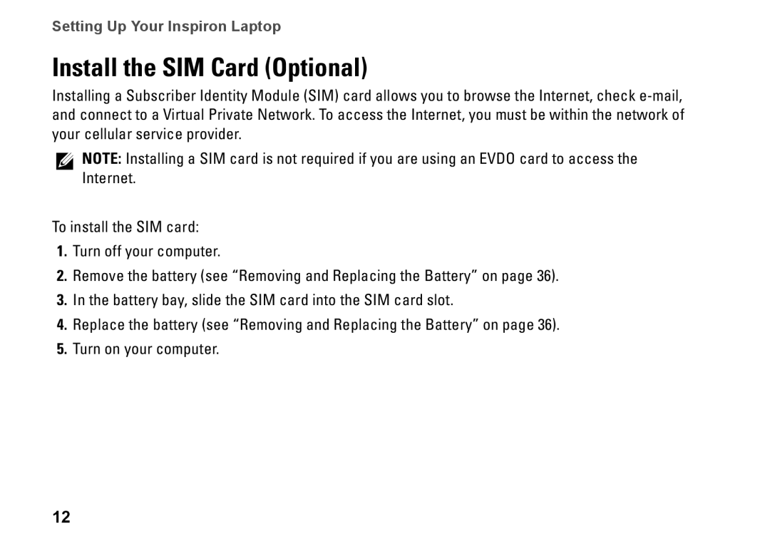 Dell P09G001, 1464, YXKVH, P09G series setup guide Install the SIM Card Optional, Setting Up Your Inspiron Laptop 