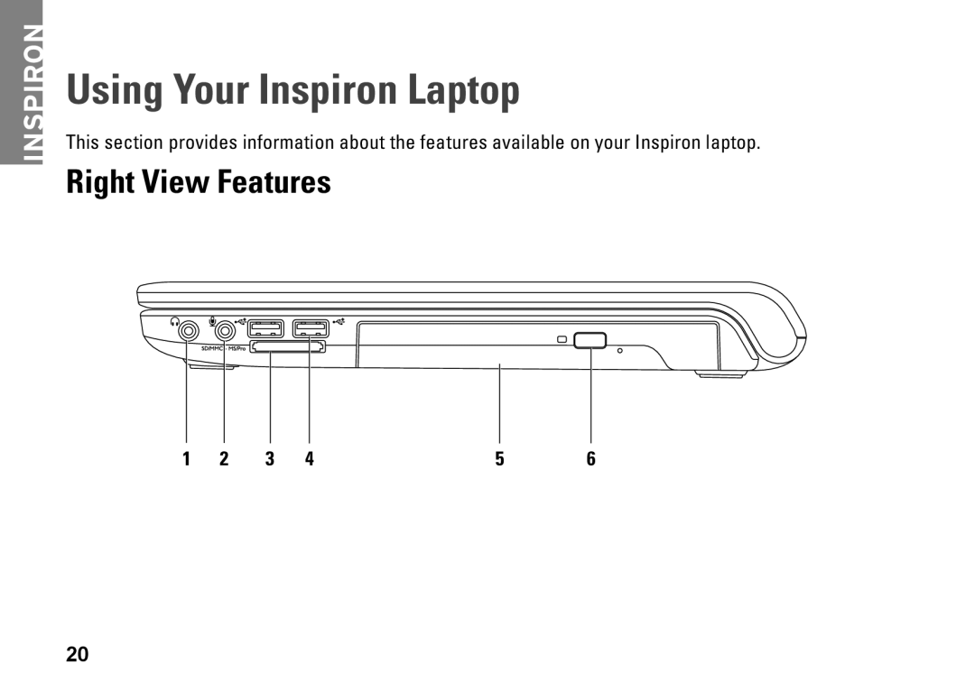 Dell P09G001, 1464, YXKVH, P09G series setup guide Using Your Inspiron Laptop, Right View Features 