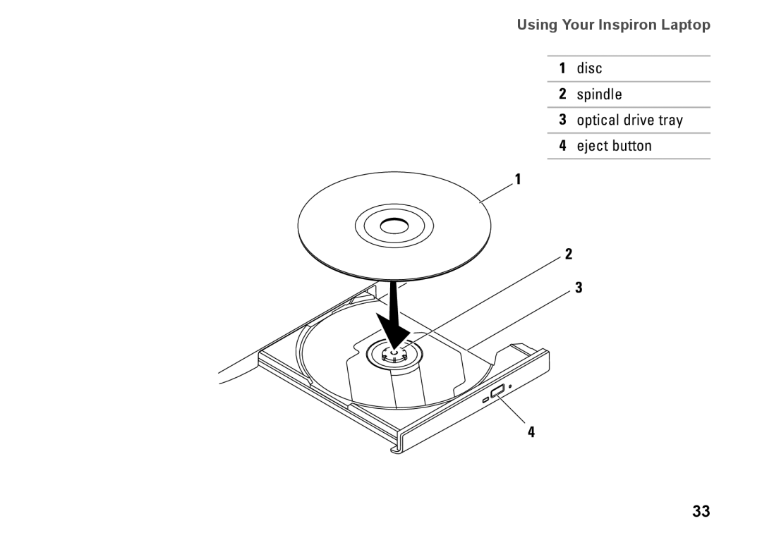Dell P09G series, 1464, YXKVH, P09G001 Using Your Inspiron Laptop, disc 2 spindle 3 optical drive tray 4 eject button 