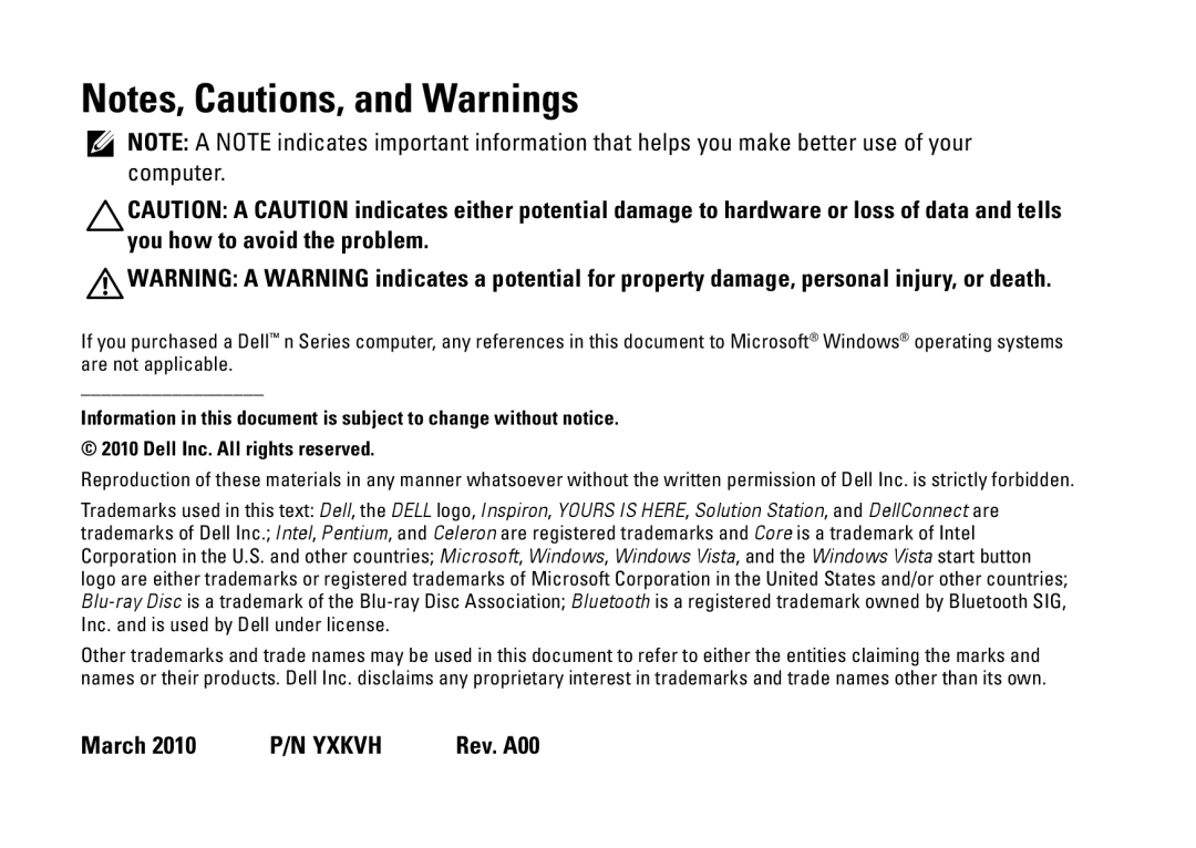 Dell 1464, P09G001, P09G series setup guide Notes, Cautions, and Warnings, March 2010 P/N YXKVH Rev. A00 