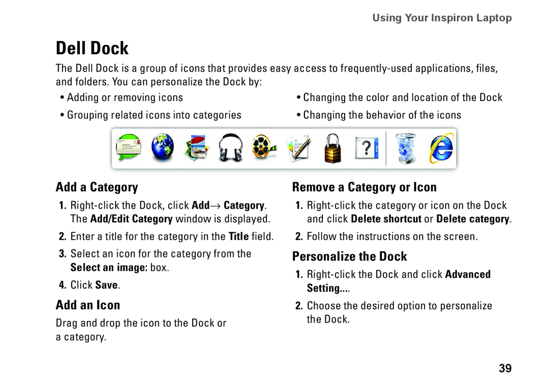 Dell YXKVH, 1464, P09G001 setup guide Dell Dock, Add a Category, Add an Icon, Remove a Category or Icon, Personalize the Dock 