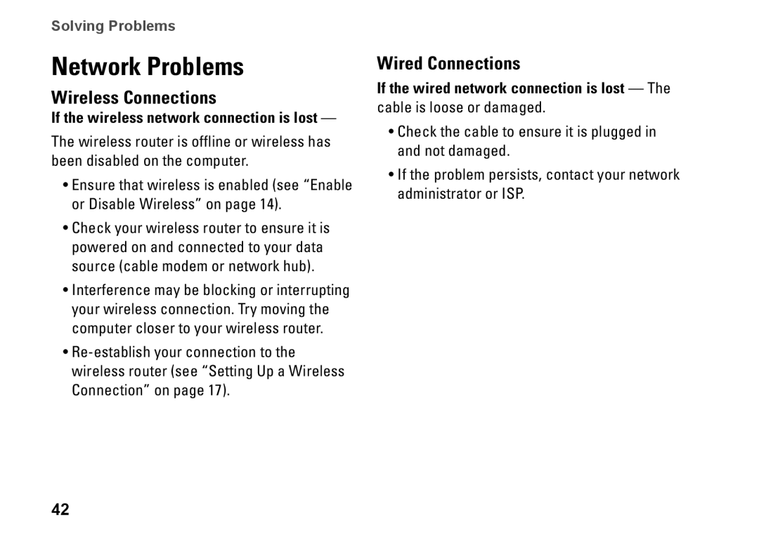 Dell 1464, YXKVH, P09G001, P09G series setup guide Network Problems, Wireless Connections, Wired Connections, Solving Problems 