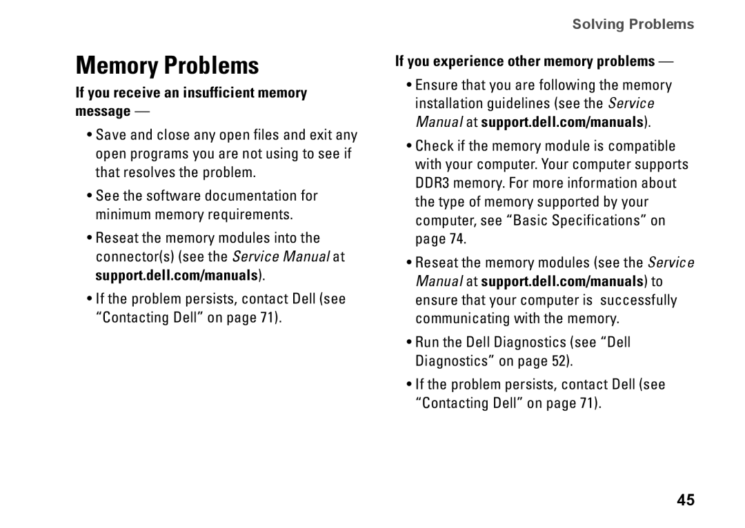 Dell P09G series Memory Problems, If you receive an insufficient memory message, If you experience other memory problems 