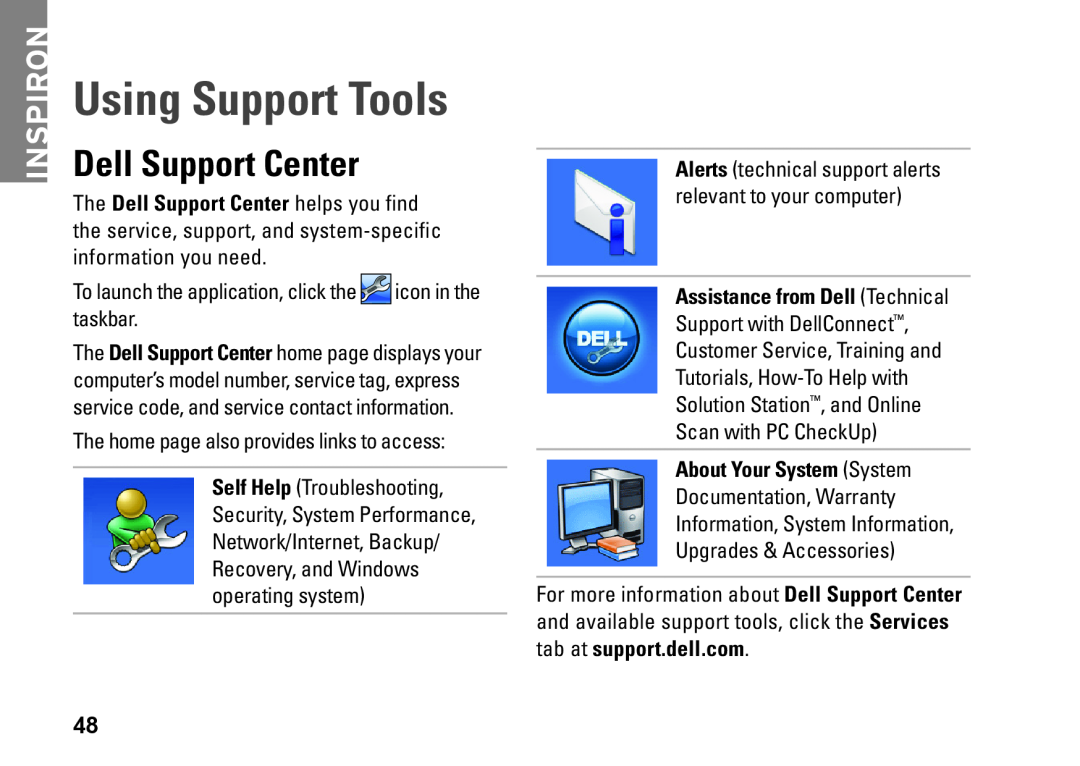 Dell P09G001 Using Support Tools, Dell Support Center, Assistance from Dell Technical, About Your System System, Inspiron 