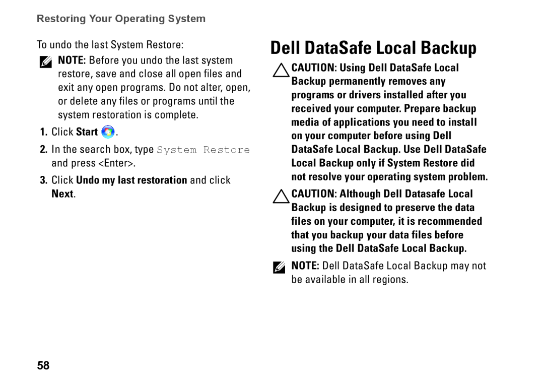 Dell 1464 Dell DataSafe Local Backup, Click Undo my last restoration and click Next, Restoring Your Operating System 