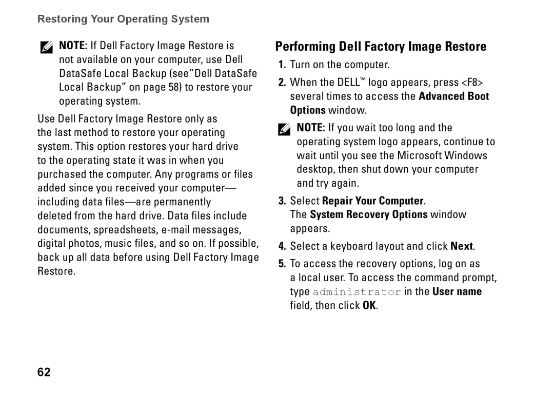 Dell 1464 Performing Dell Factory Image Restore, Select Repair Your Computer, The System Recovery Options window appears 