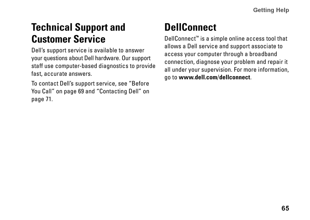Dell P09G series, 1464, YXKVH, P09G001 setup guide Technical Support and Customer Service, DellConnect, Getting Help 