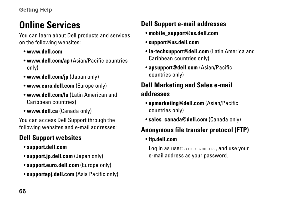 Dell 1464 Online Services, Dell Support websites, Dell Support e-mail addresses, Dell Marketing and Sales e-mail addresses 