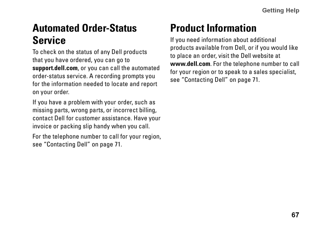Dell YXKVH, 1464, P09G001, P09G series setup guide Automated Order-Status Service, Product Information, Getting Help 