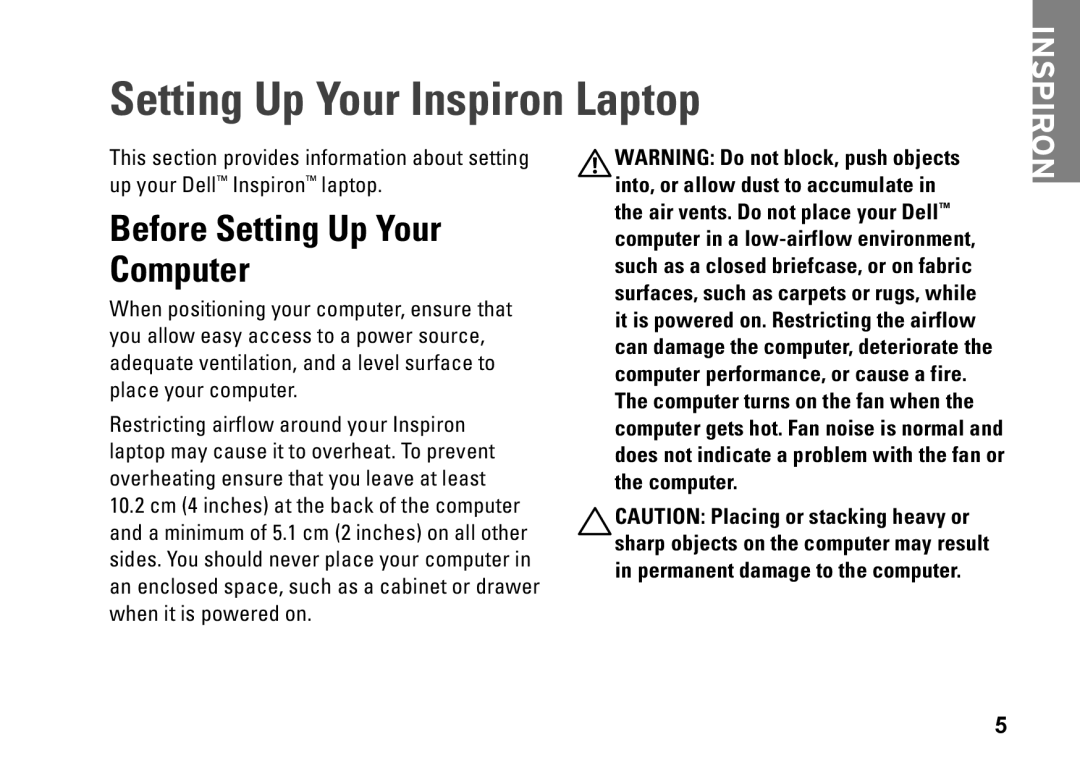 Dell P09G series, 1464, YXKVH, P09G001 setup guide Setting Up Your Inspiron Laptop, Before Setting Up Your Computer 
