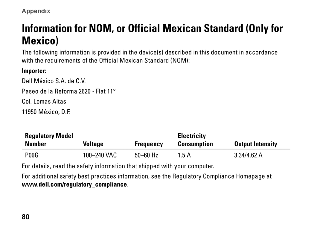 Dell P09G001, 1464 Information for NOM, or Official Mexican Standard Only for Mexico, Appendix, Importer, Regulatory Model 