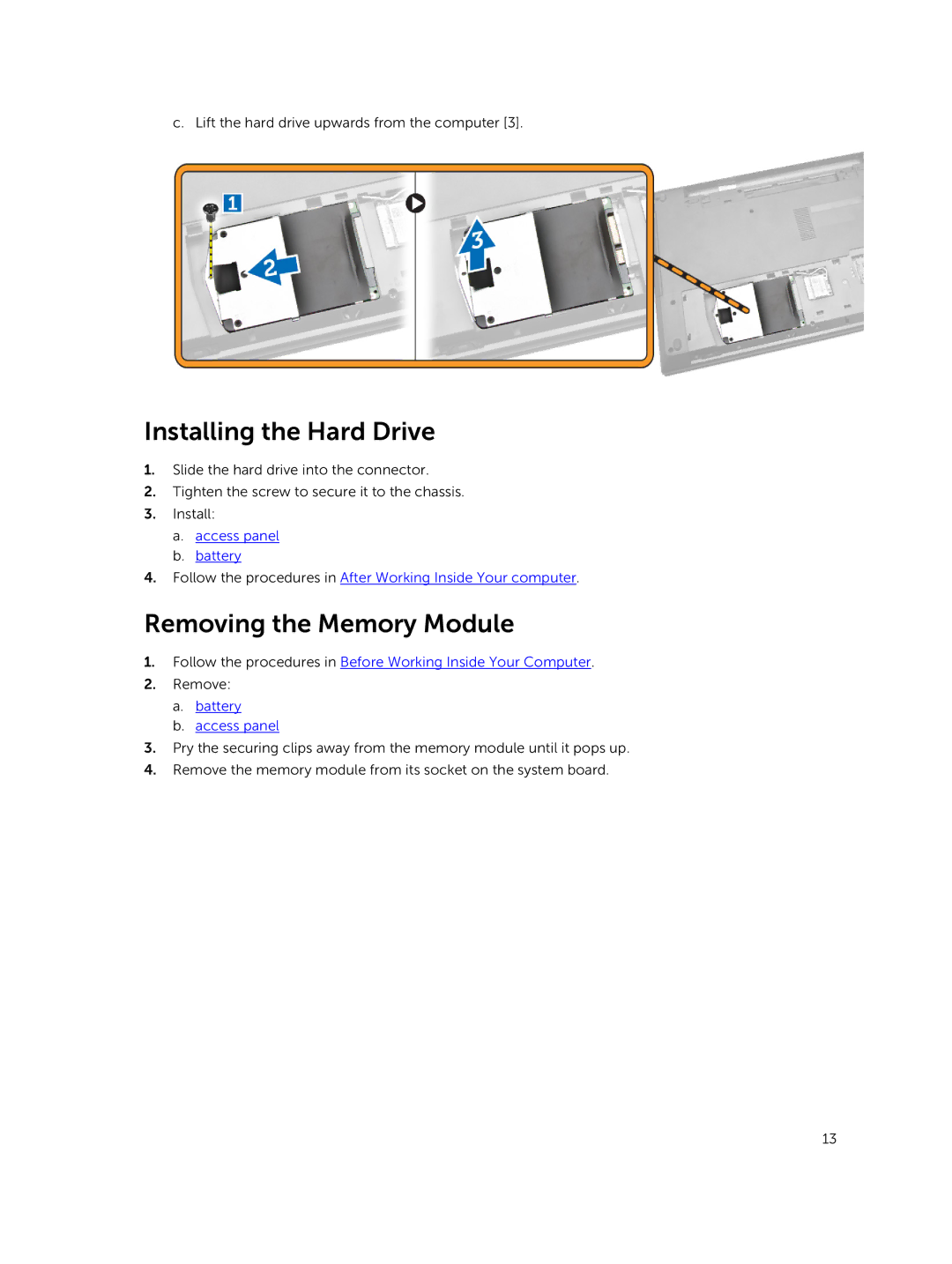 Dell 15  - 3549 owner manual Installing the Hard Drive, Removing the Memory Module 