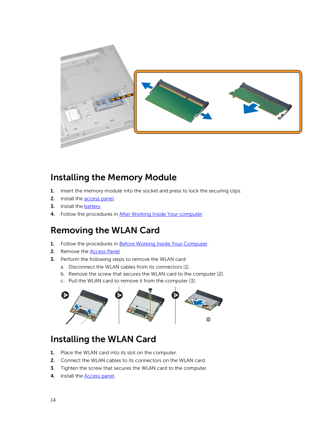 Dell 15  - 3549 owner manual Installing the Memory Module, Removing the Wlan Card, Installing the Wlan Card 