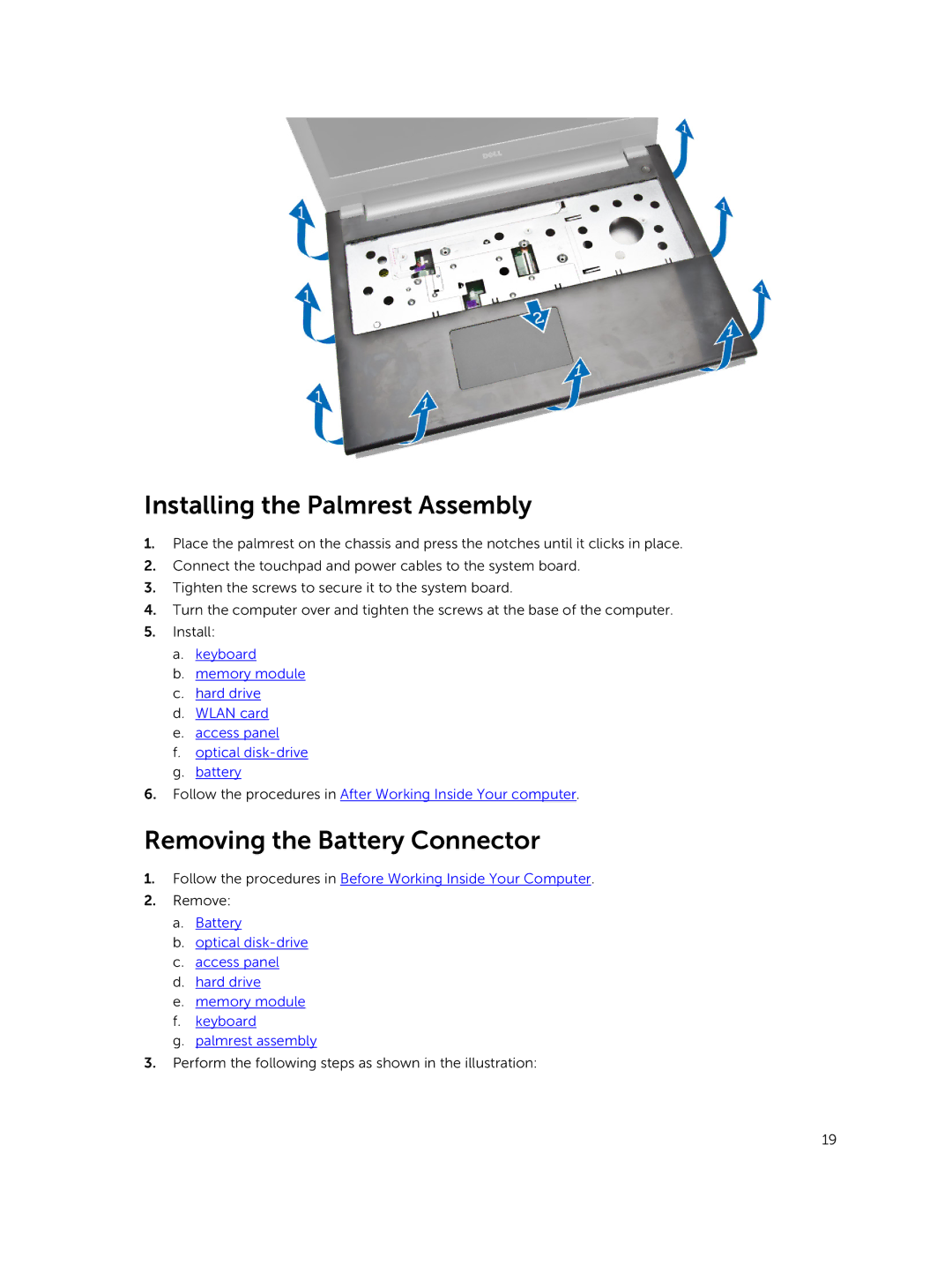 Dell 15  - 3549 owner manual Installing the Palmrest Assembly, Removing the Battery Connector 