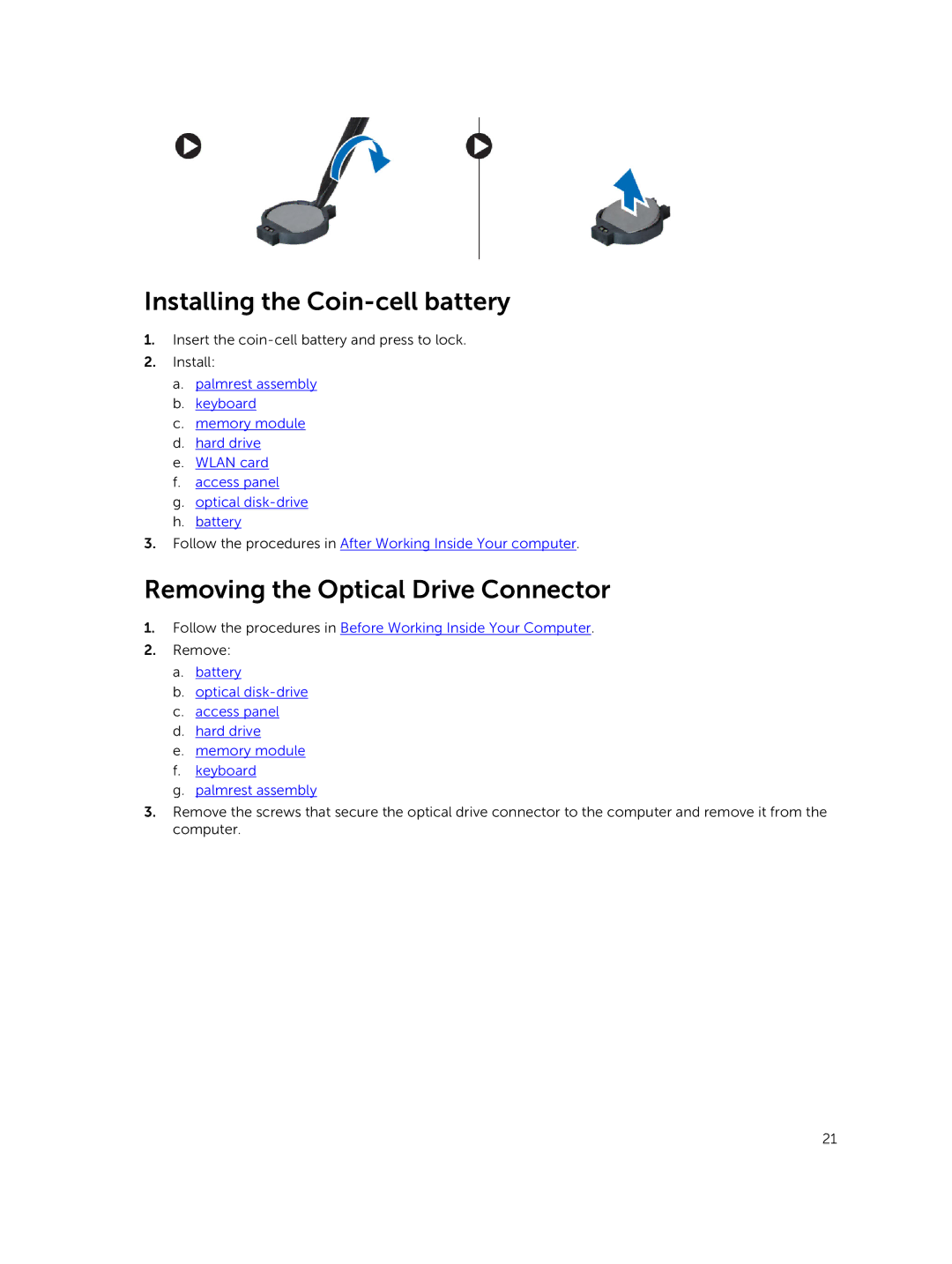 Dell 15  - 3549 owner manual Installing the Coin-cell battery, Removing the Optical Drive Connector 