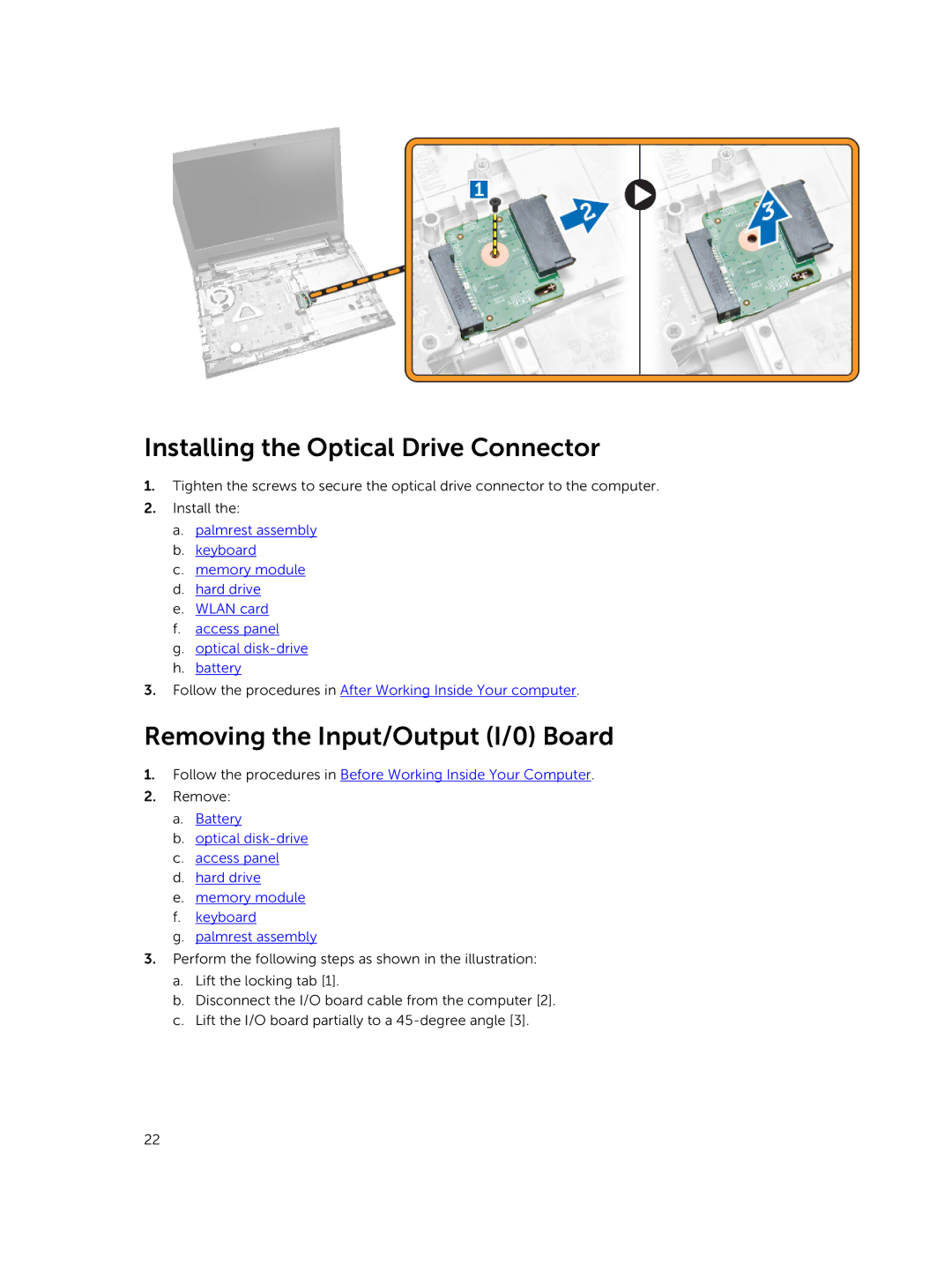 Dell 15  - 3549 owner manual Installing the Optical Drive Connector, Removing the Input/Output I/0 Board 