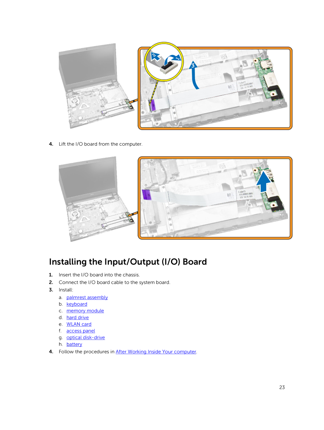 Dell 15  - 3549 owner manual Installing the Input/Output I/O Board 