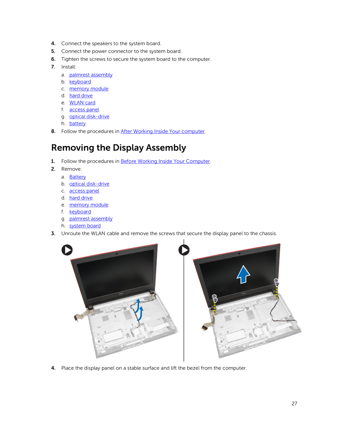 Dell 15  - 3549 owner manual Removing the Display Assembly 