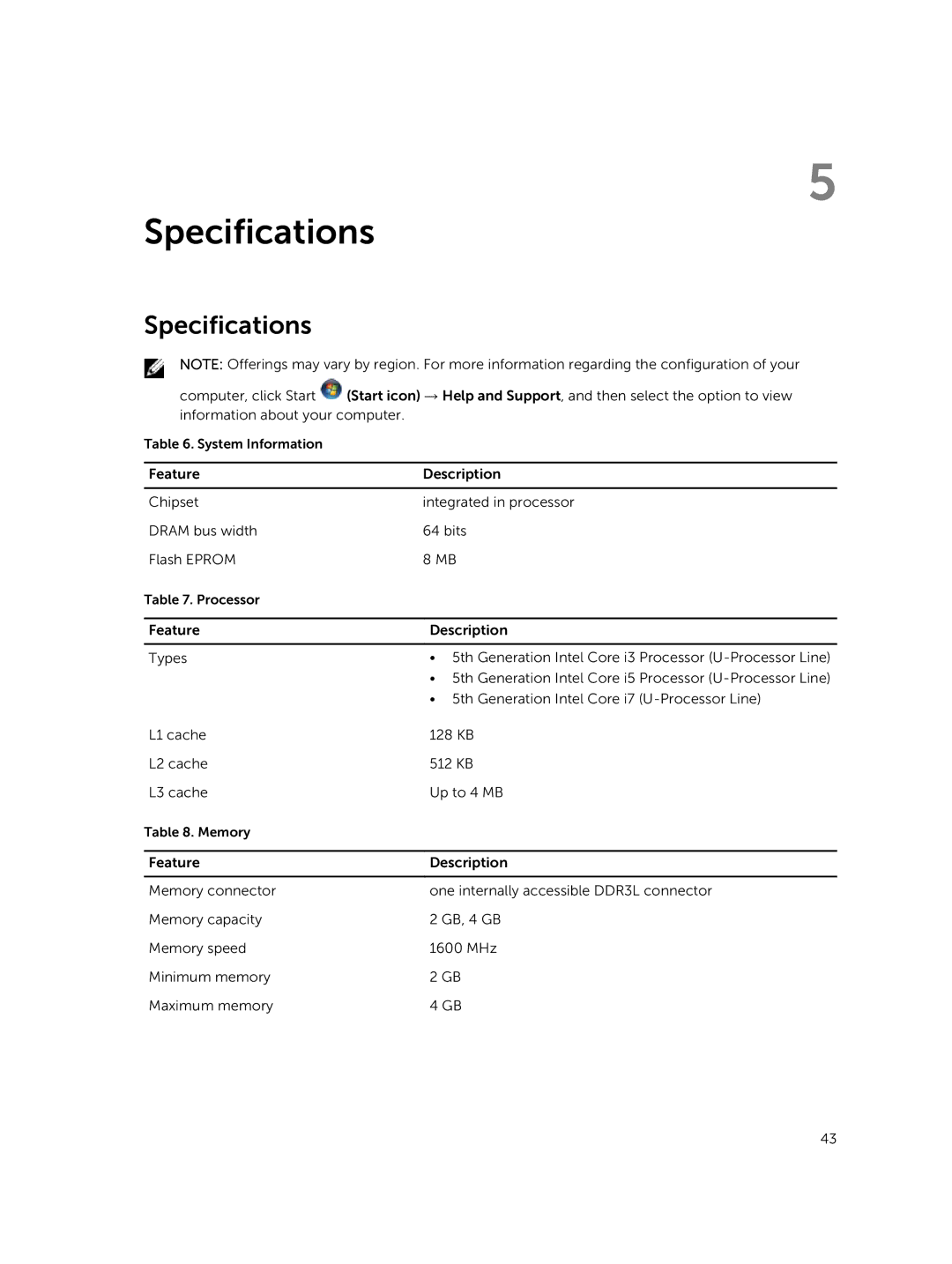 Dell 15  - 3549 owner manual Specifications 