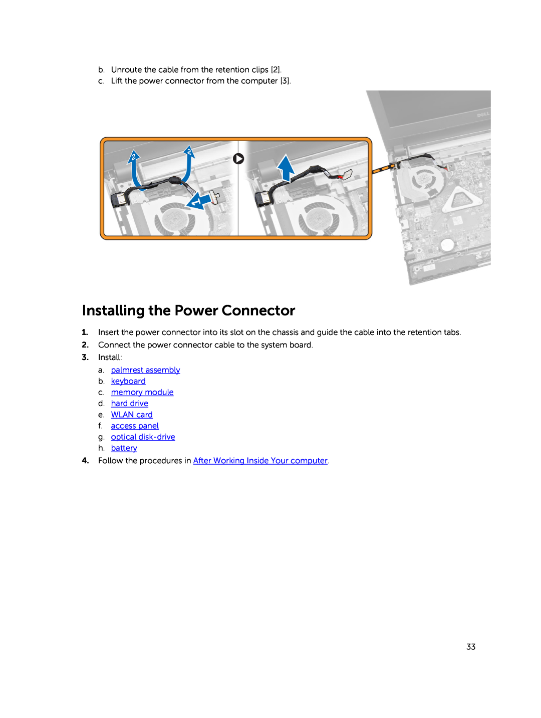 Dell 15  - 3549 owner manual Installing the Power Connector 