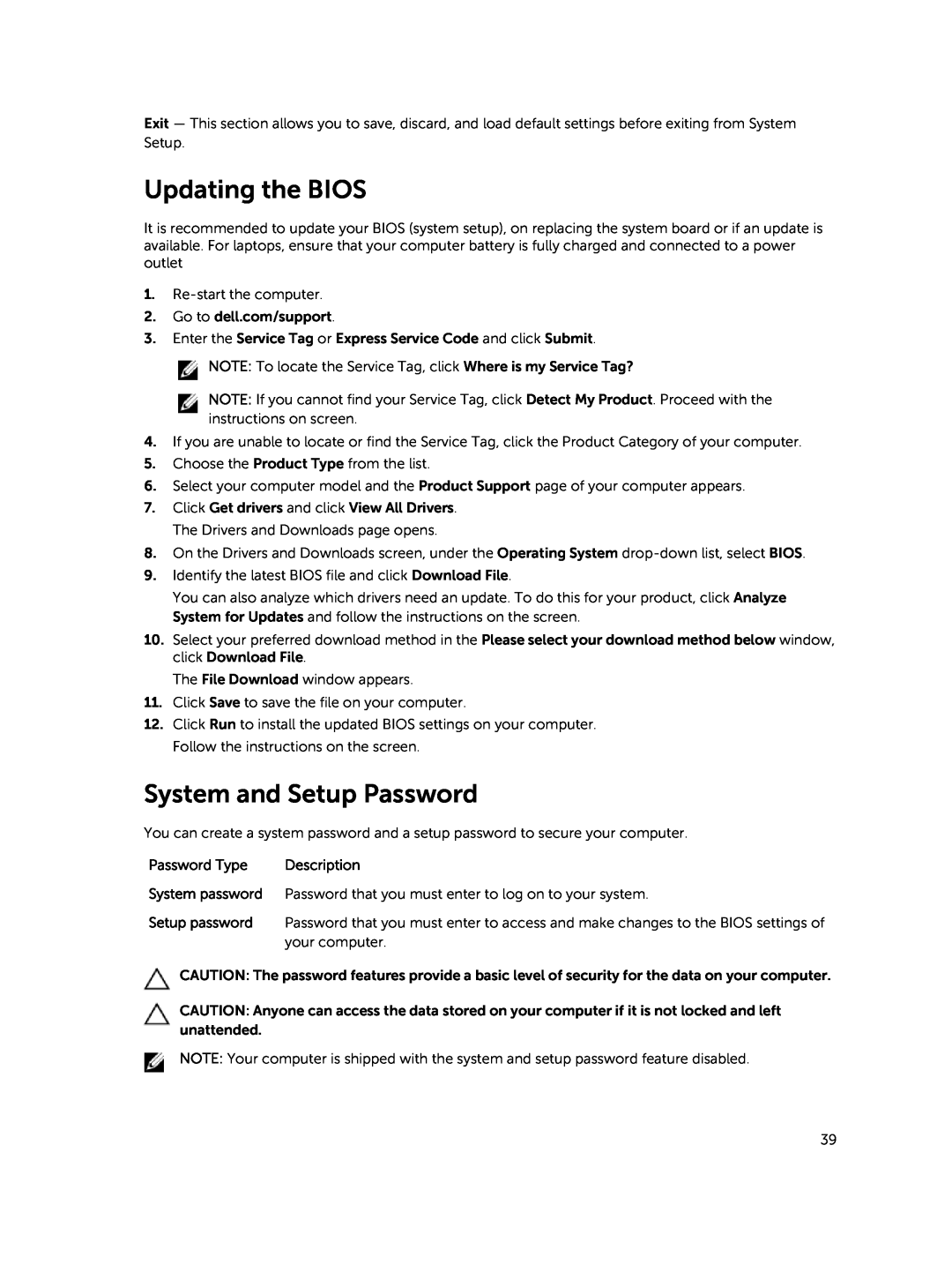 Dell 15  - 3549 owner manual Updating the BIOS, System and Setup Password, Password Type 