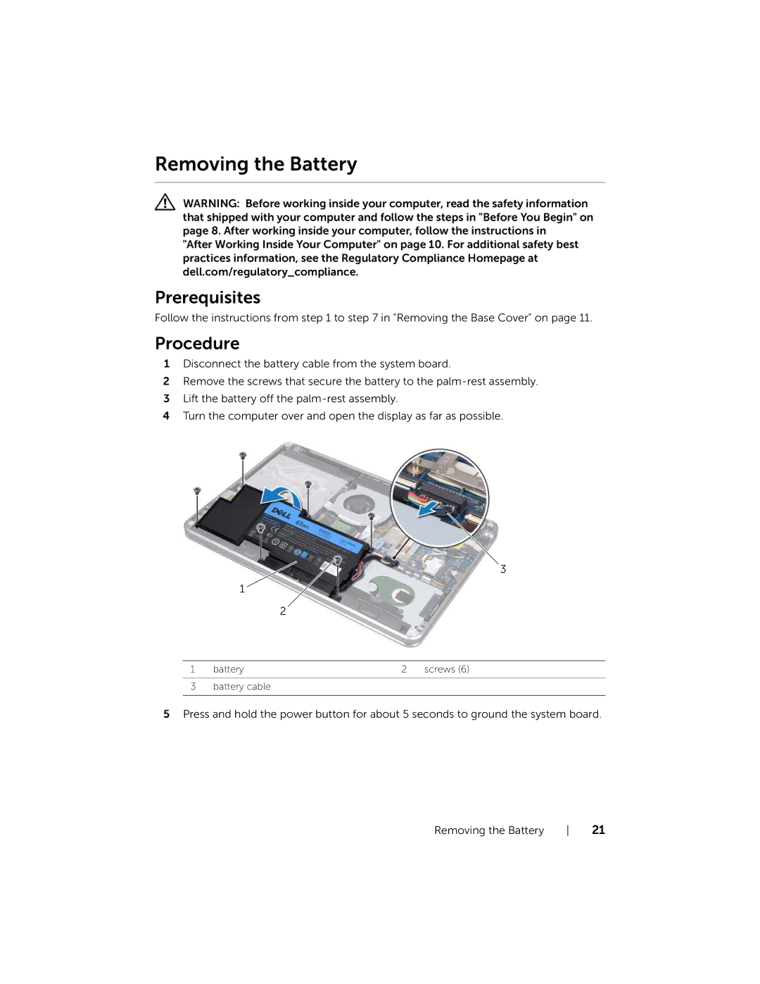 Dell 15, XPS L521X, L521X13590620SA manual Removing the Battery 