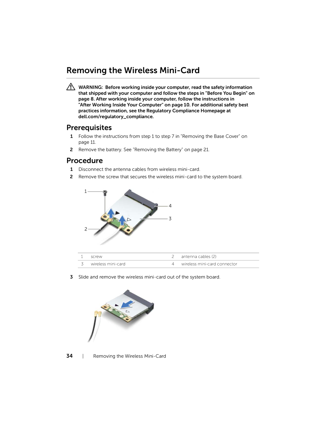 Dell XPS L521X, 15, L521X13590620SA manual Removing the Wireless Mini-Card 