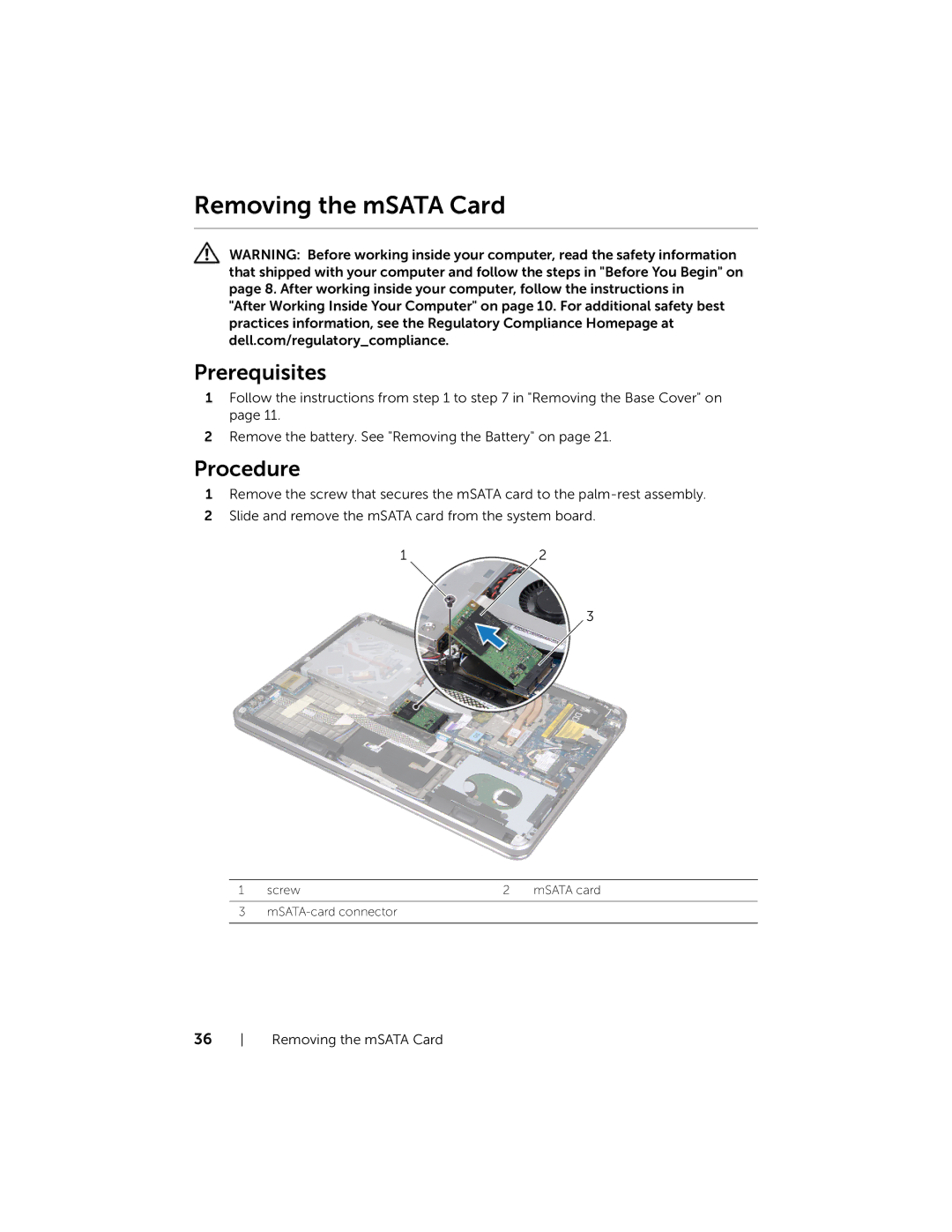 Dell 15, XPS L521X, L521X13590620SA manual Removing the mSATA Card 