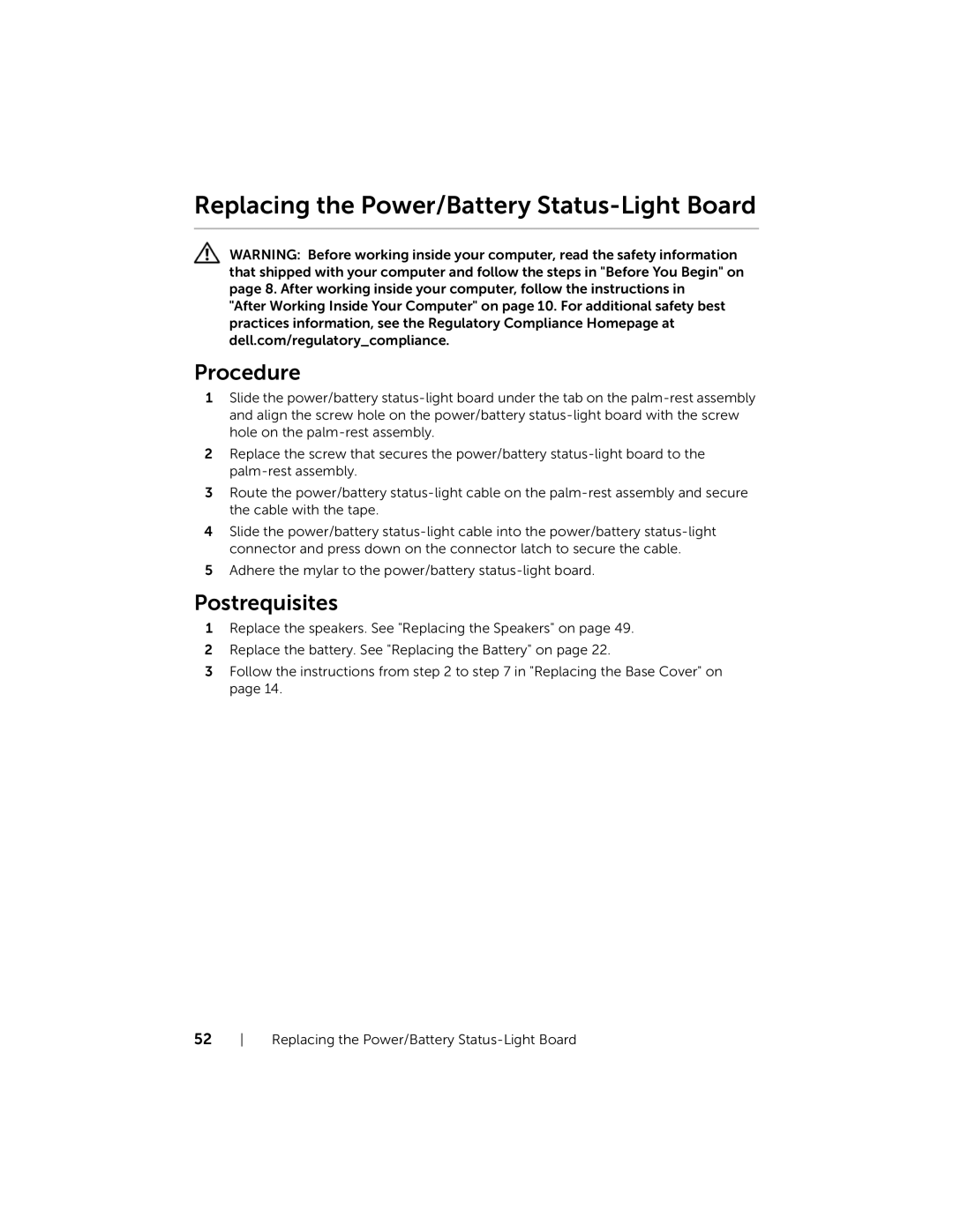 Dell XPS L521X, 15, L521X13590620SA manual Replacing the Power/Battery Status-Light Board 