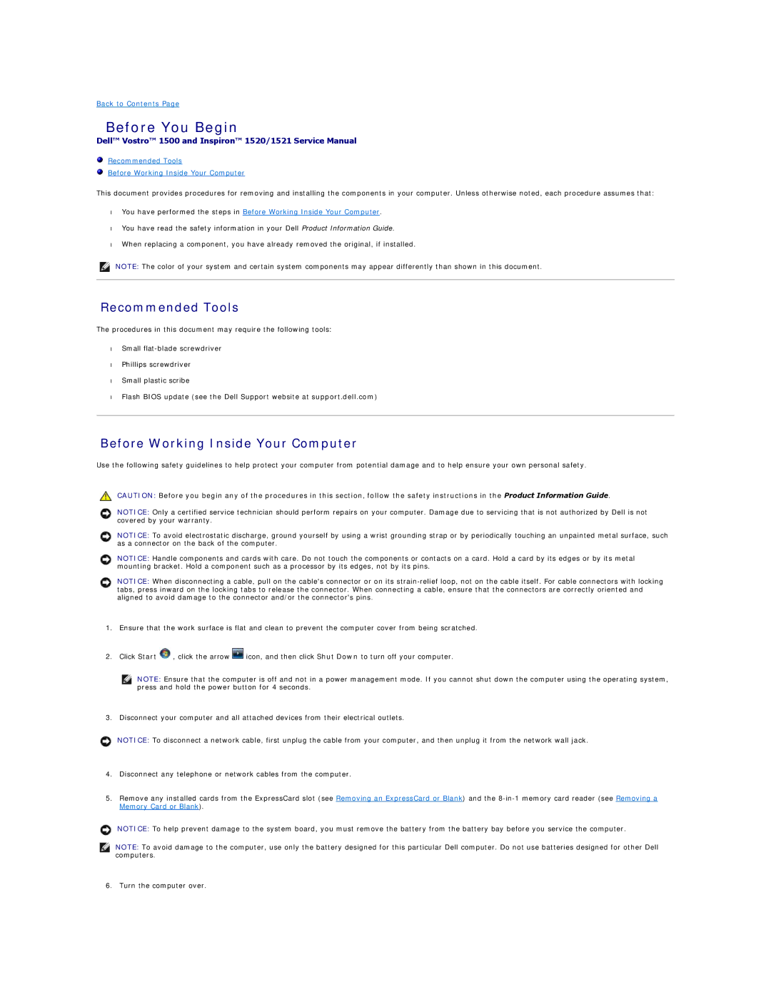 Dell 1500, 1521 manual Before You Begin, Recommended Tools, Before Working Inside Your Computer 