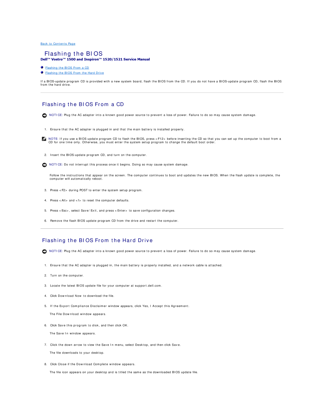 Dell 1500, 1521 manual Flashing the Bios From a CD, Flashing the Bios From the Hard Drive 