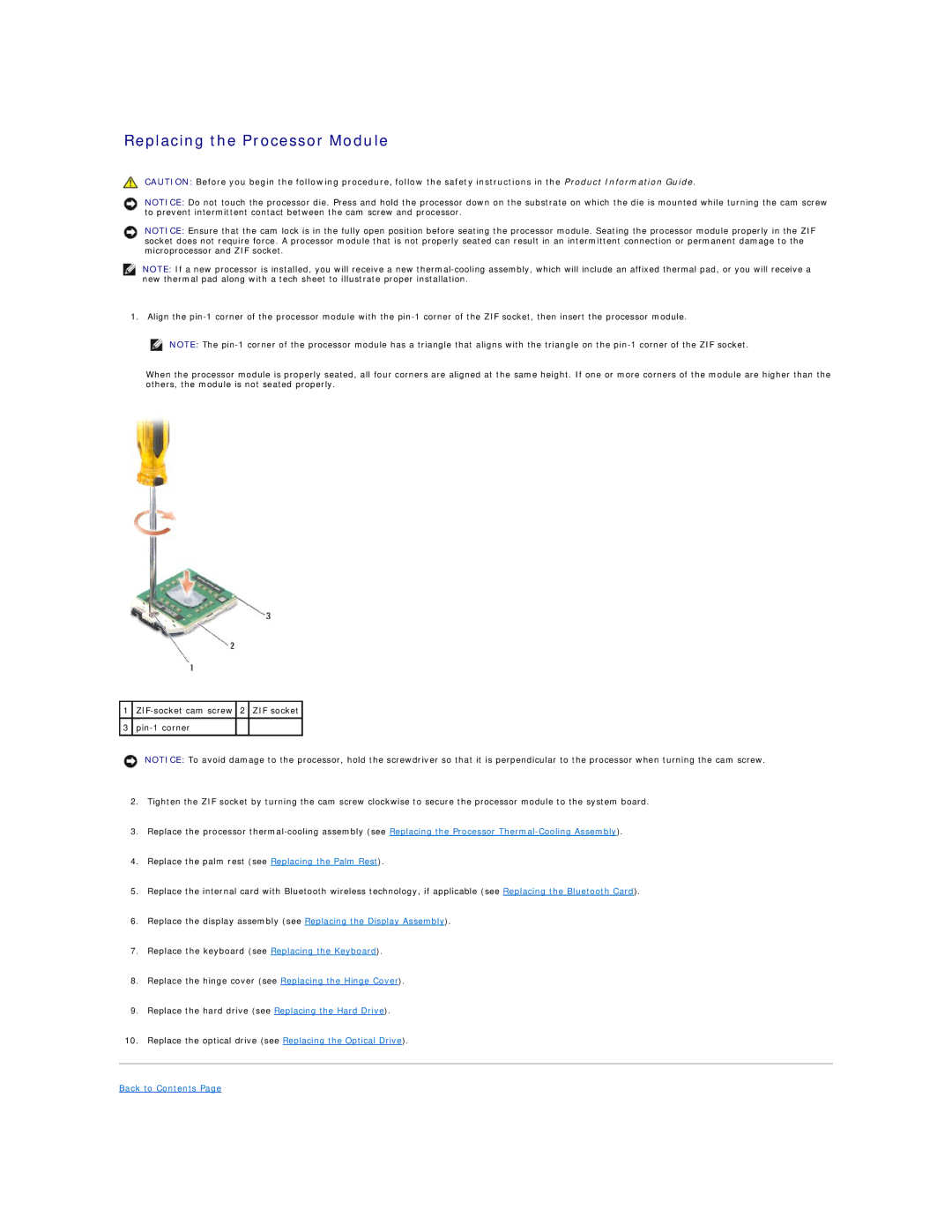 Dell 1500, 1521 manual Replacing the Processor Module 