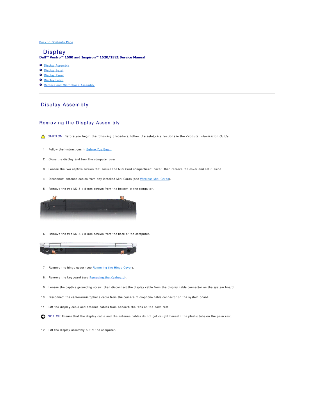 Dell 1500, 1521 manual Removing the Display Assembly 
