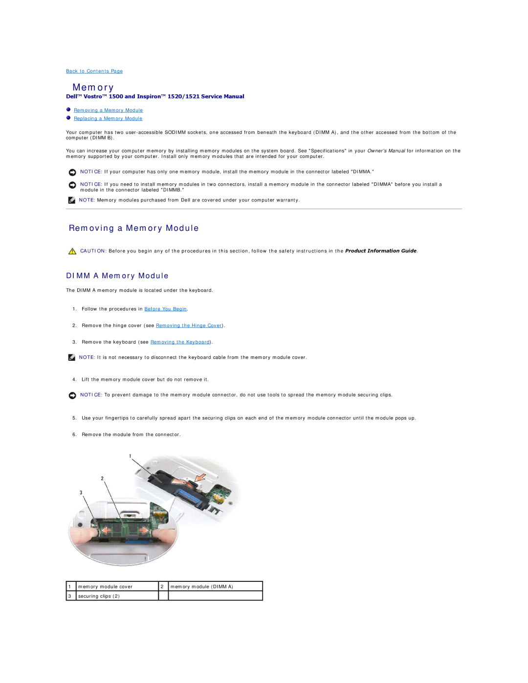 Dell 1500, 1521 manual Removing a Memory Module, Dimm a Memory Module 