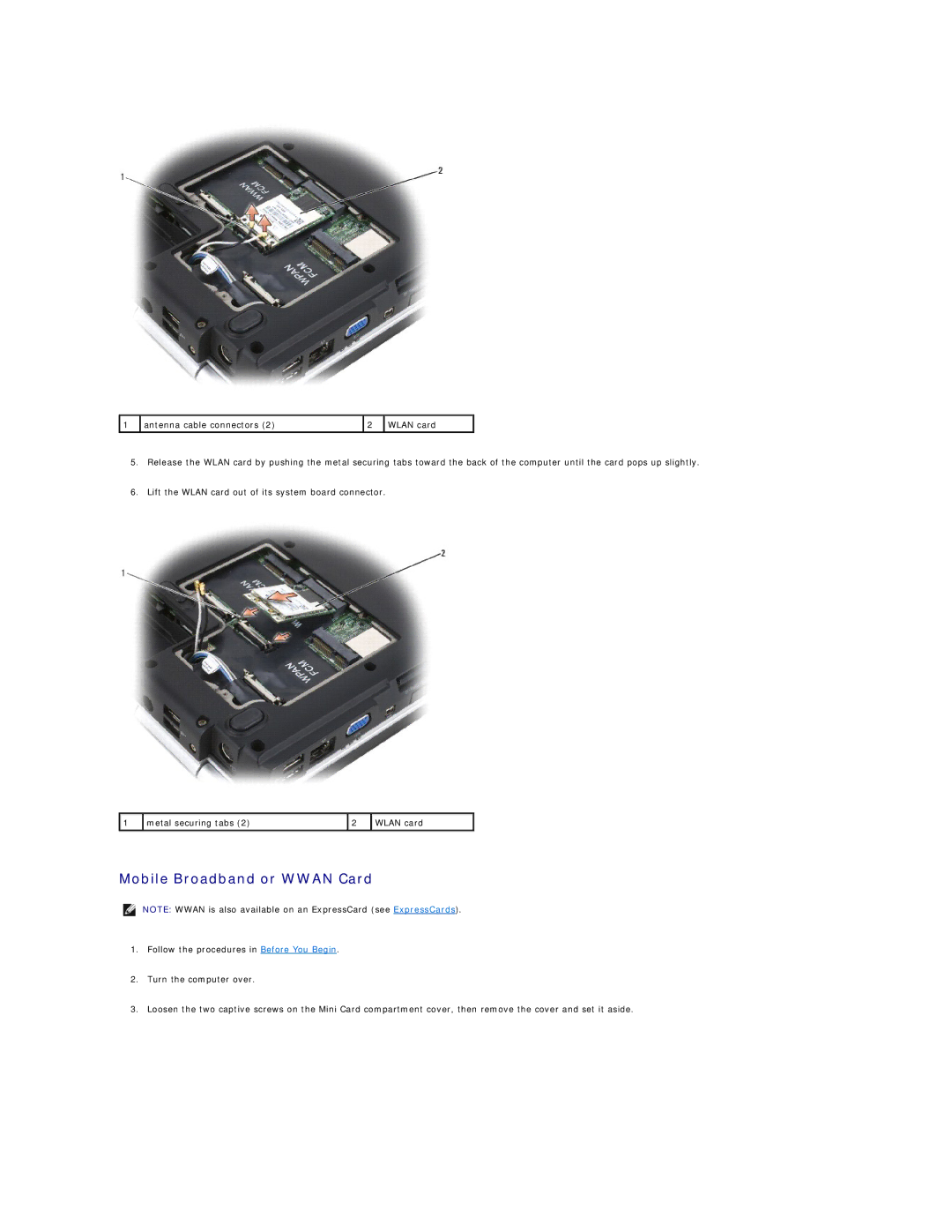 Dell 1521, 1500 manual Mobile Broadband or Wwan Card 