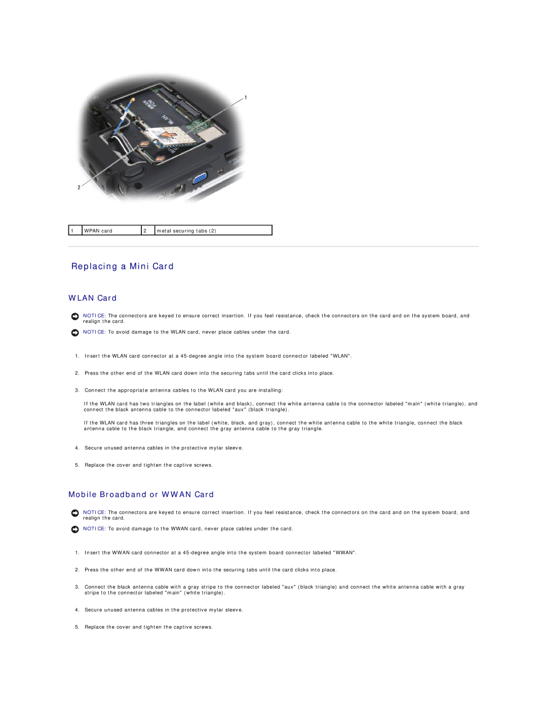 Dell 1500, 1521 manual Replacing a Mini Card, Wlan Card 