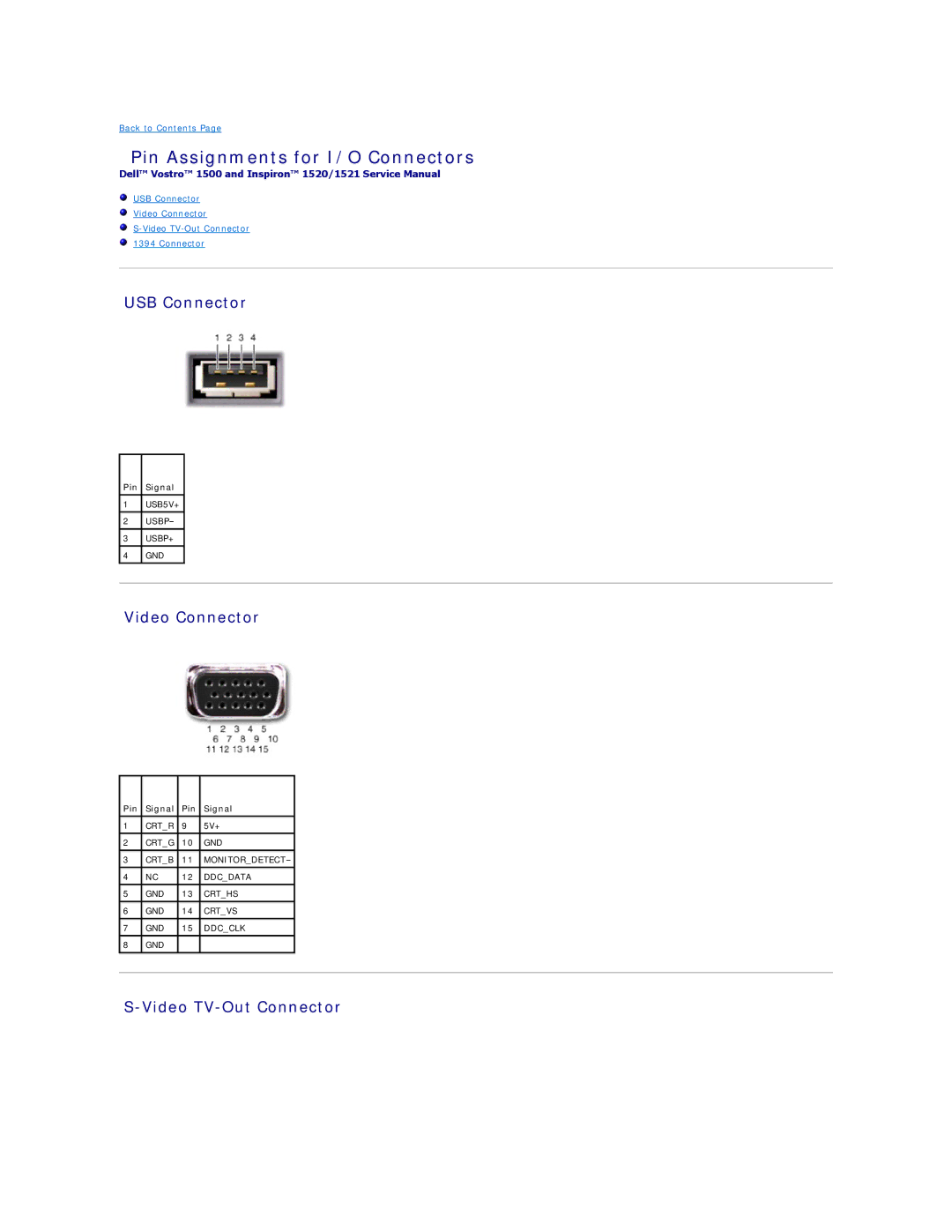 Dell 1521, 1500 manual Pin Assignments for I/O Connectors, USB Connector, Video Connector, Video TV-Out Connector 