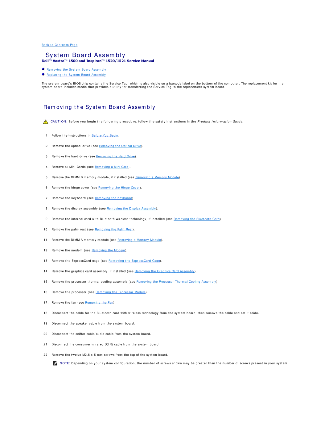 Dell 1521, 1500 manual Removing the System Board Assembly 