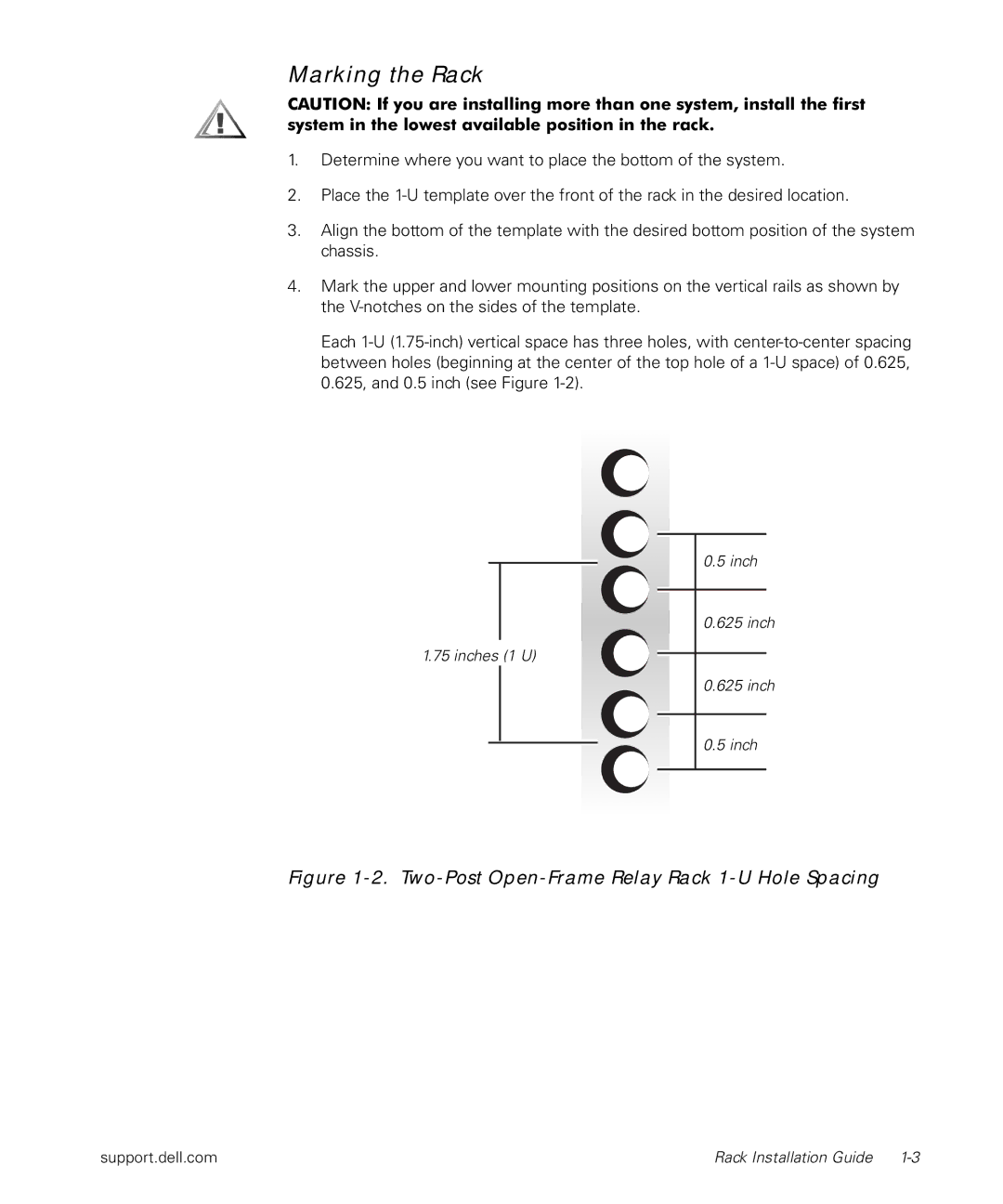 Dell PowerApp 120, 1500 manual Marking the Rack, Two-Post Open-Frame Relay Rack 1-U Hole Spacing 