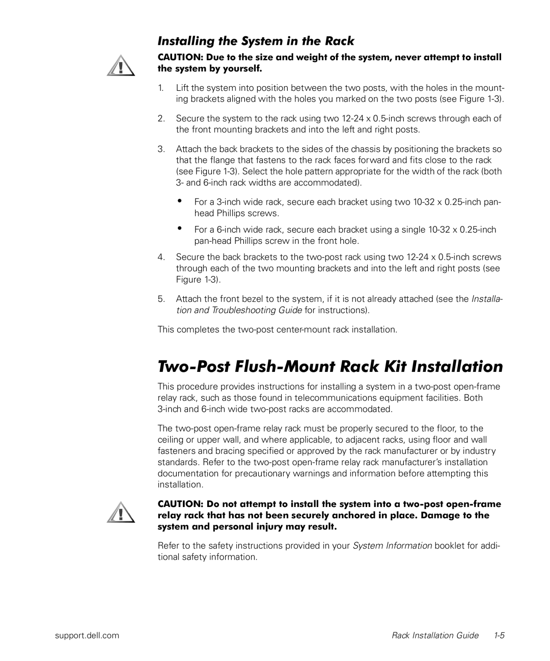 Dell PowerApp 120, 1500 manual Two-Post Flush-Mount Rack Kit Installation, Installing the System in the Rack 