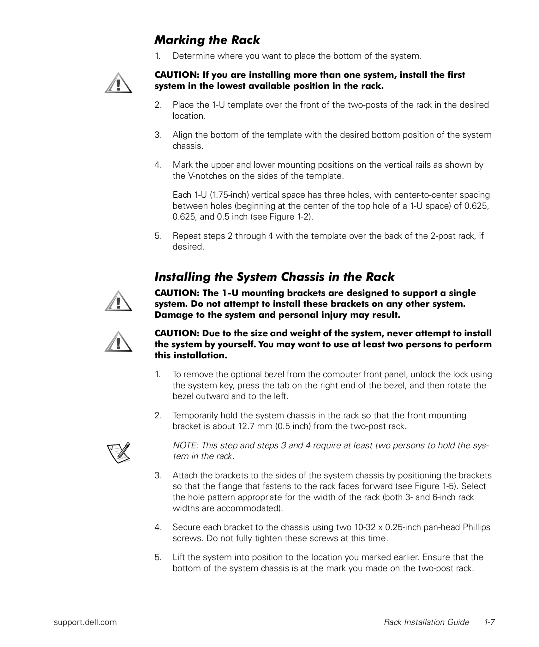 Dell PowerApp 120, 1500 manual Marking the Rack, Installing the System Chassis in the Rack 