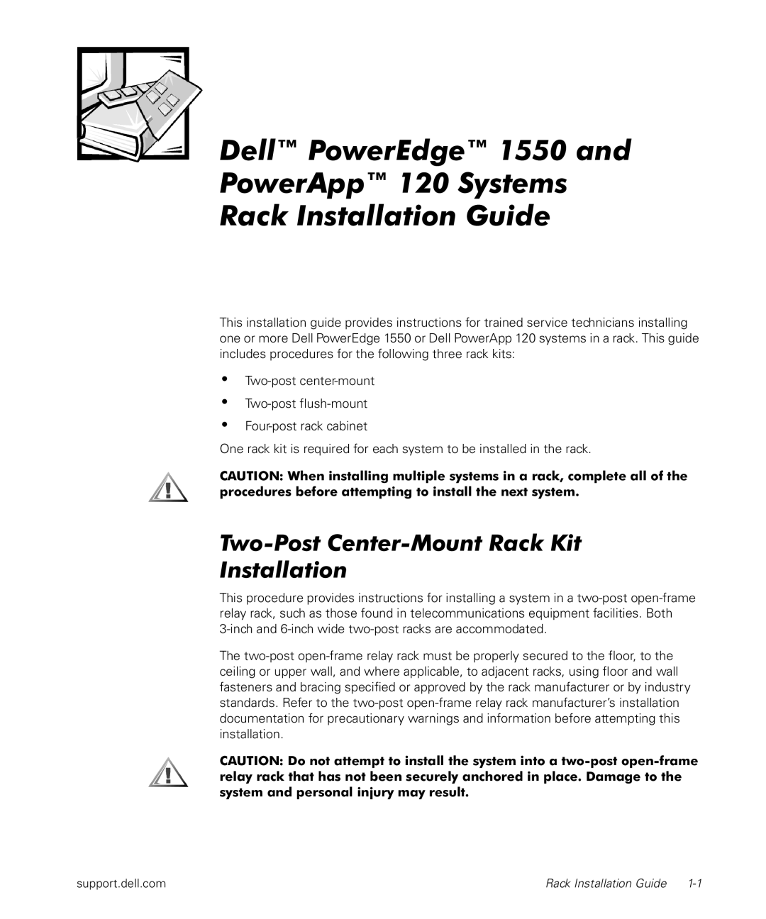 Dell PowerApp 120, 1500 manual Two-Post Center-Mount Rack Kit Installation 