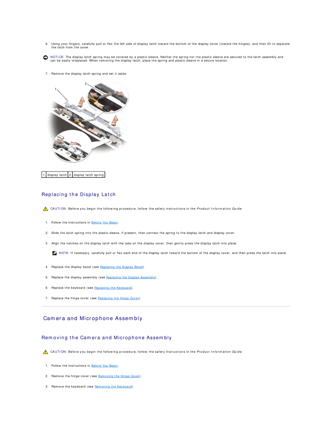 Dell 1500 manual Replacing the Display Latch, Removing the Camera and Microphone Assembly 