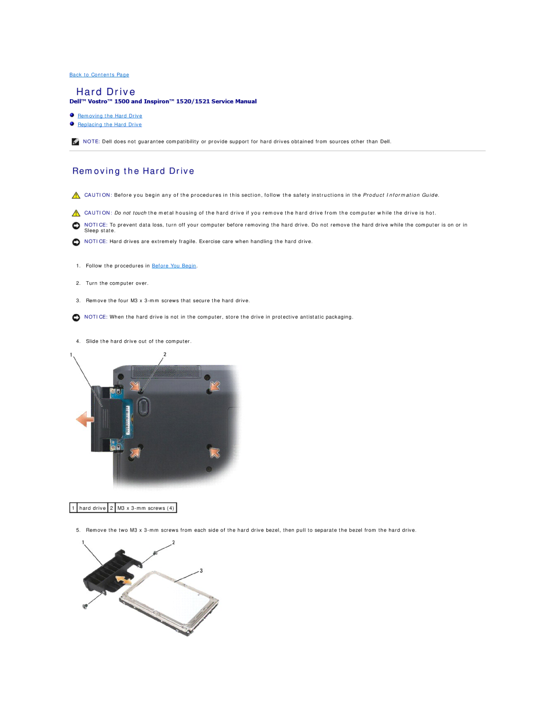 Dell 1500 manual Removing the Hard Drive 