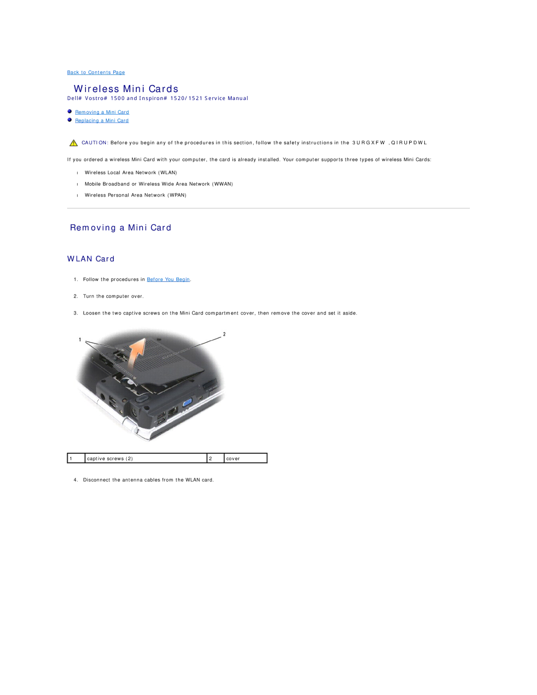 Dell 1500 manual Wireless Mini Cards, Removing a Mini Card, Wlan Card 